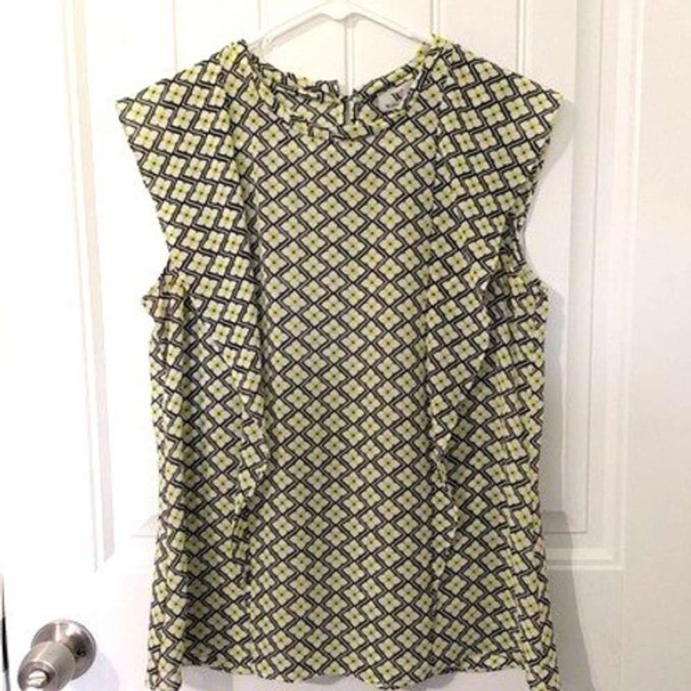 Worthington Sleeveless women's blouse tunic geometric pattern blue yellow medium